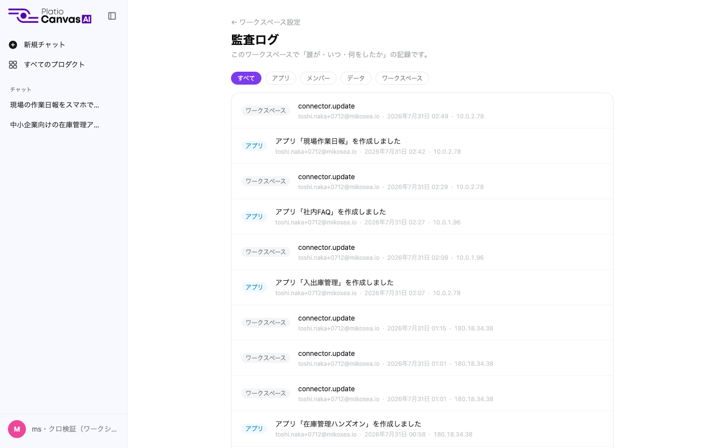 監査ログの一覧画面。操作の種類ごとに絞り込むタブが並んでいる