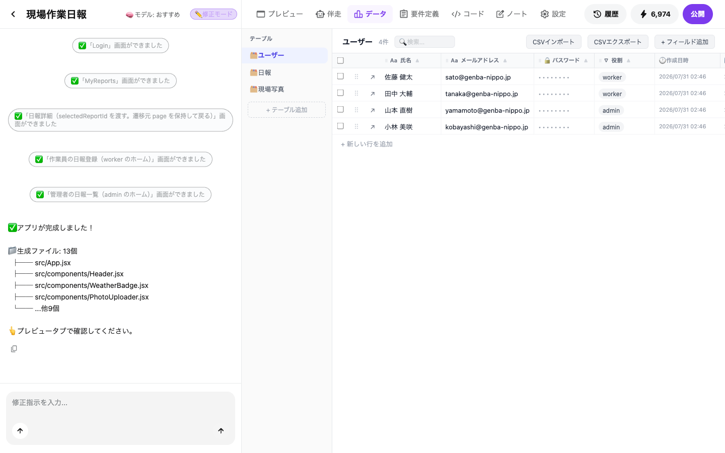 データ画面。左にテーブル一覧、右に表が表示されている