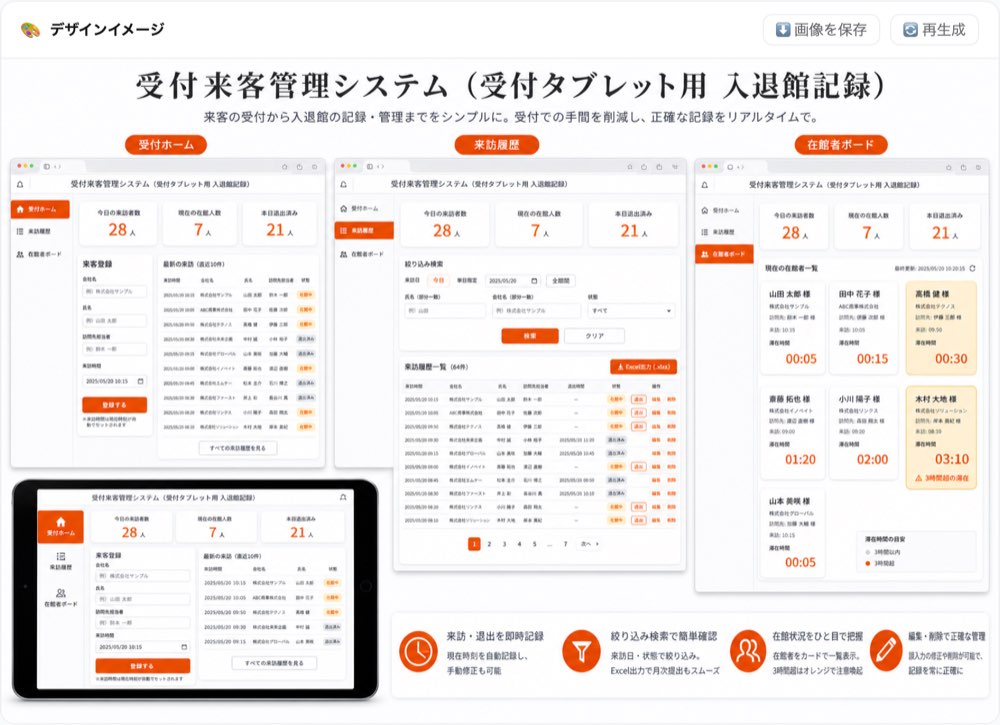 デザインイメージのカード。右上に画像を保存と再生成のボタンがあり、下にアプリの完成イメージ画像が表示されている