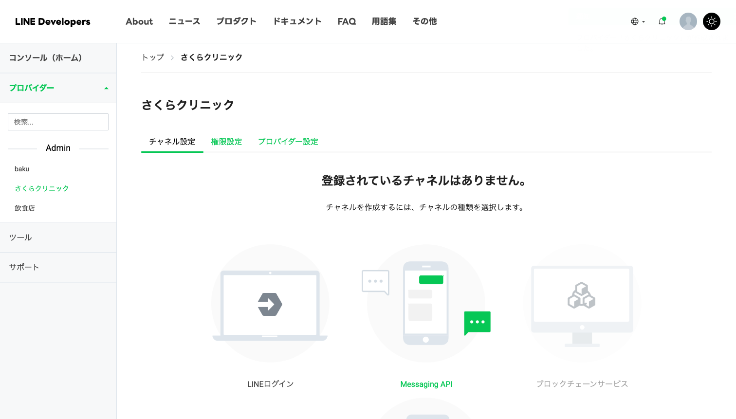 作成直後のプロバイダー画面。「登録されているチャネルはありません」と表示されている