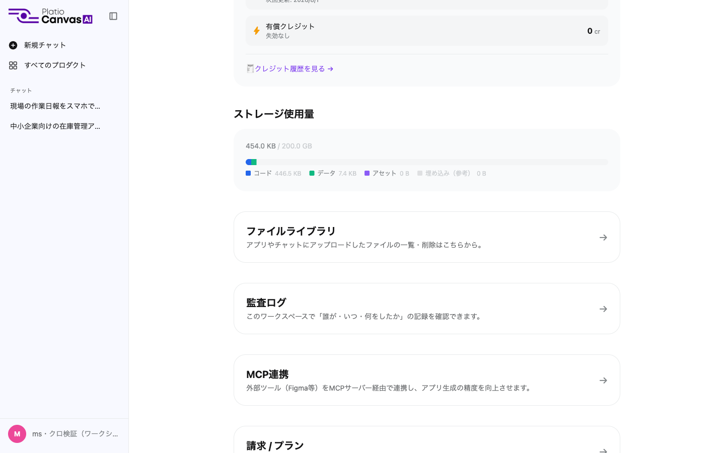 クレジット残高、ストレージ使用量、ファイルライブラリ・監査ログへの導線